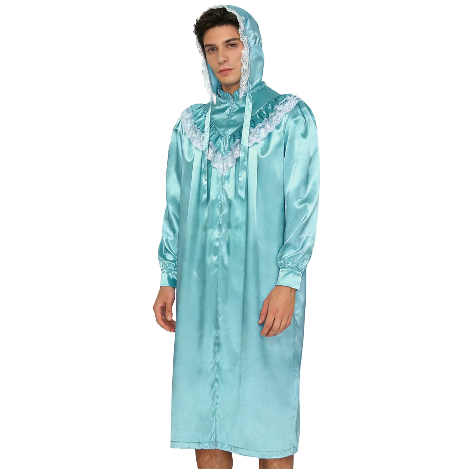 Mens Vintage Victorian Nightgowns with Hats Satiny Ruffled Lace Trim Long Sleeve Front Zipper Pajamas Robe and Lace-up Bonnet