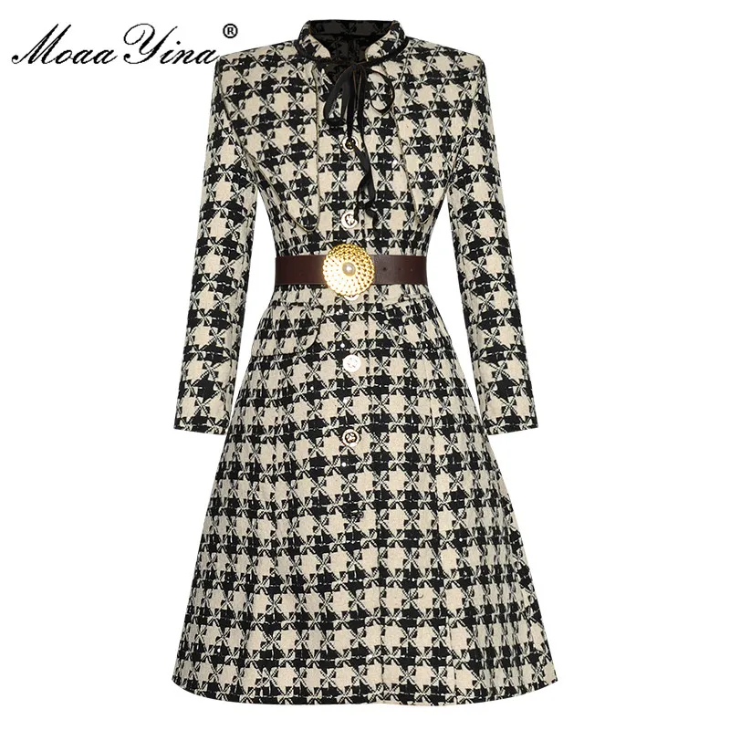 

MoaaYina Fashion Runway dress Spring Women Dress Stand Neck Single-breasted Belted Long sleeve Houndstooth Printed Casual Dress