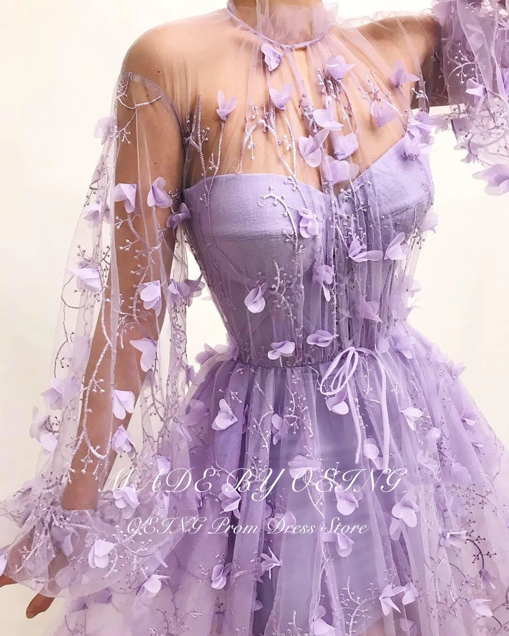 OEING Pastrol Lavender Prom Dress Fairy 3D Flowers Lace Long Sleeves Evening Dresses Woman Elegant Wedding Party Dress Vestidos