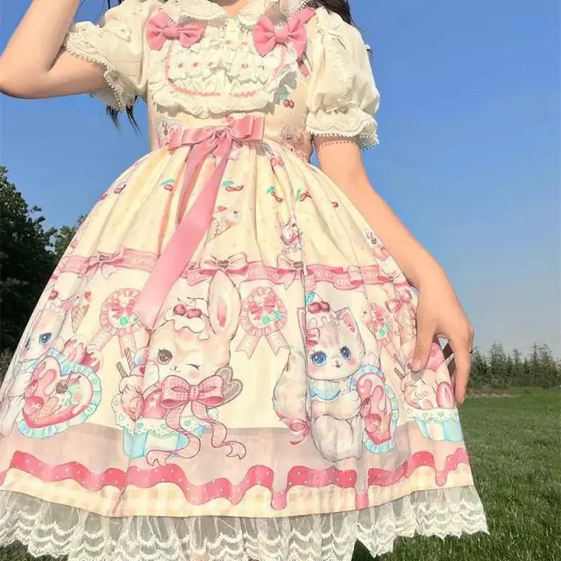 Japanese Sweet Lolita OP Dress Summer Girls Cute Lace Bow Strawberry Bunny Tea Party Dresses Women Harajuku Kawaii Chic Vestidos