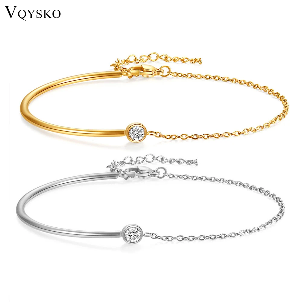 VQYSKO Half-rod Bracelet and Chain A Zircon Pendant For Women Stack Link Cuff Jewelry Birthday Gift to Her