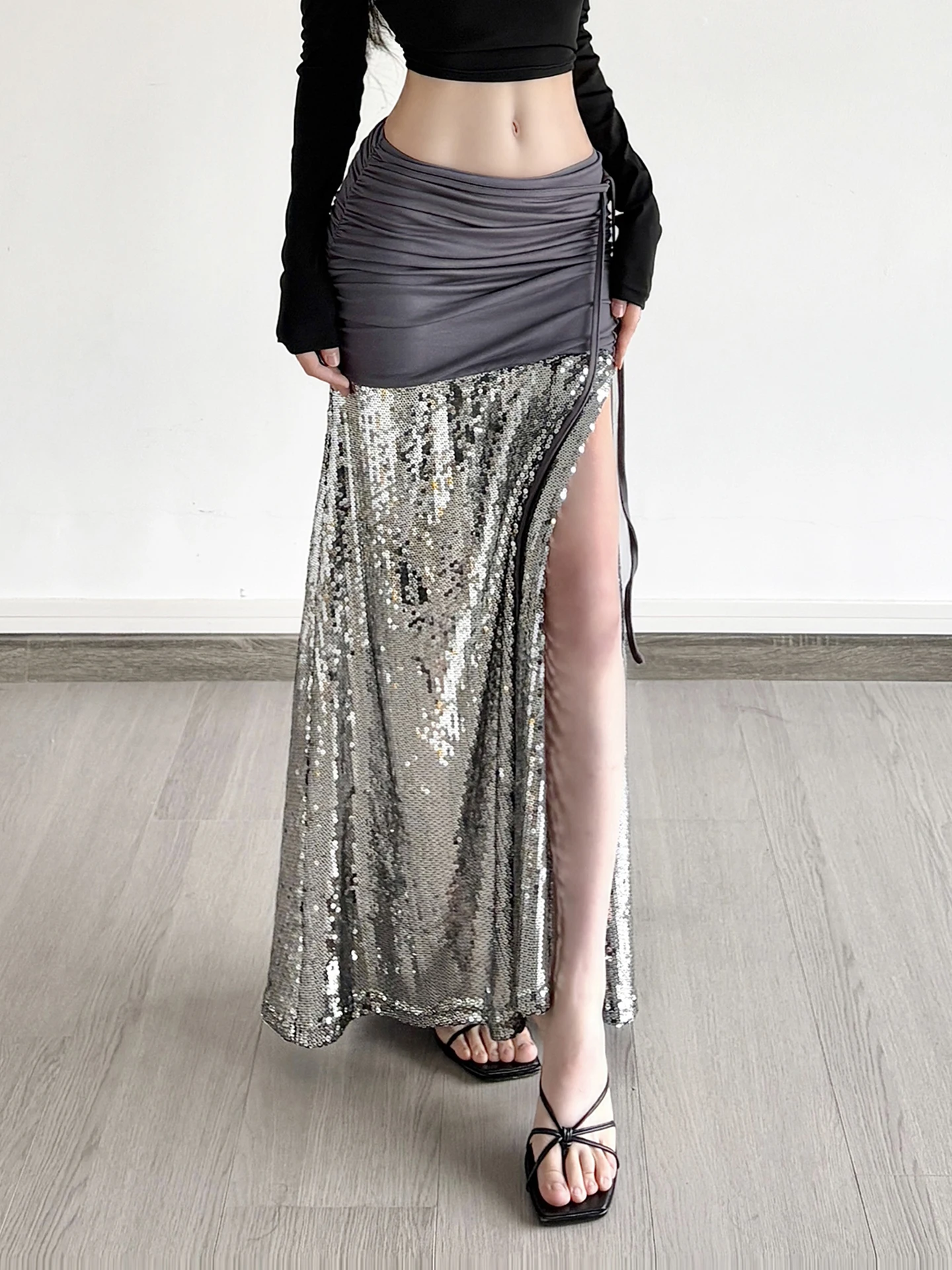 

Серебряные юбки с блестками и разрезами, сексуальные платья длиной до пола с низкой талией, Autumu Slimfit, универсальная вечерние юбка