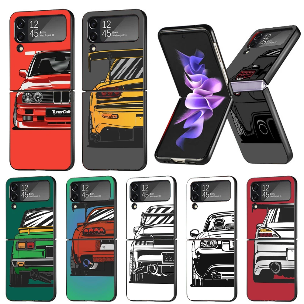 Capa Dura Preta para Samsung Galaxy Z Flip, Japão JDM Carros Esportivos Quadrinhos, Flip4, Flip3, Flip5 Padrão, Luxo