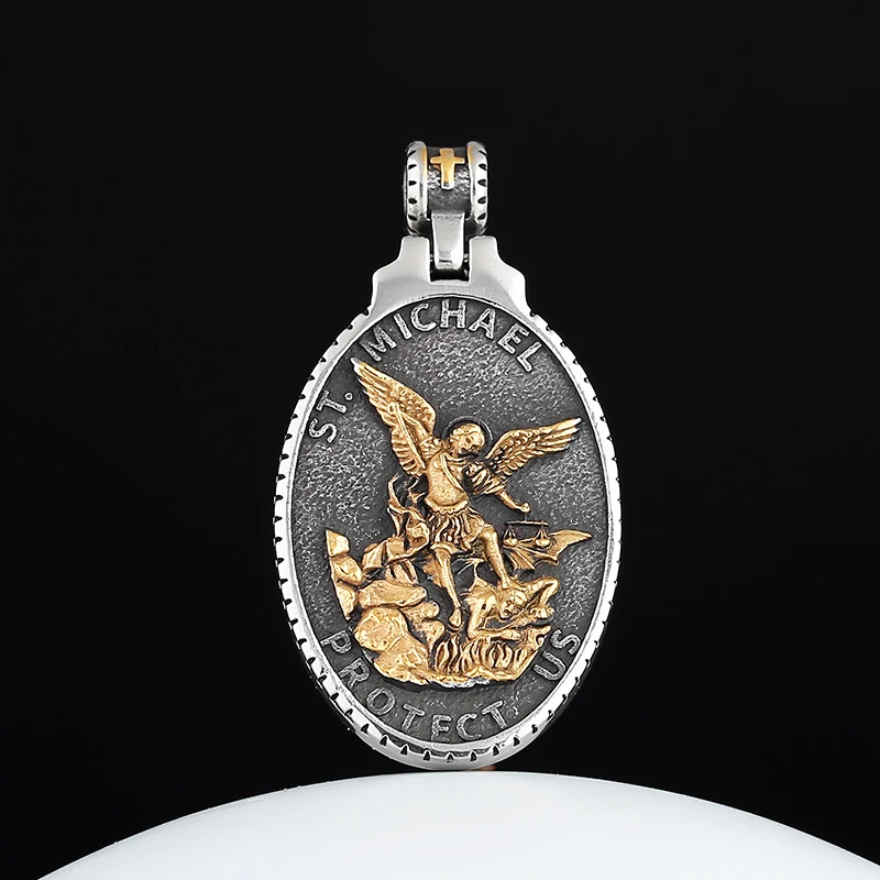 Dropshipping Men\'s 316L Stainless Steel Patron Saint Of Time Travelers Archangel Michael Gold Pendant Necklace jewelry