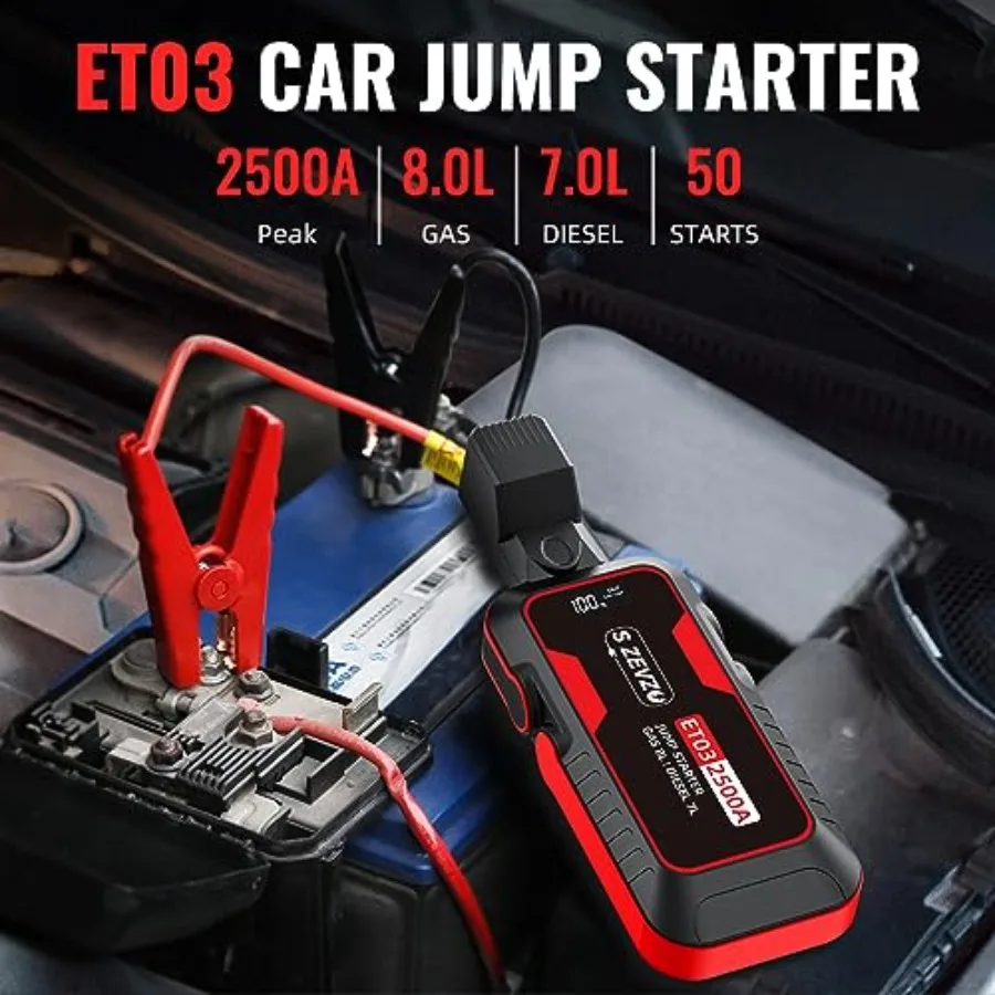 Portable 12V Car Battery Booster Pack with Smart Clamp Cables and USB Charging Port for Emergency Vehicle Jump-Starting LED Fla