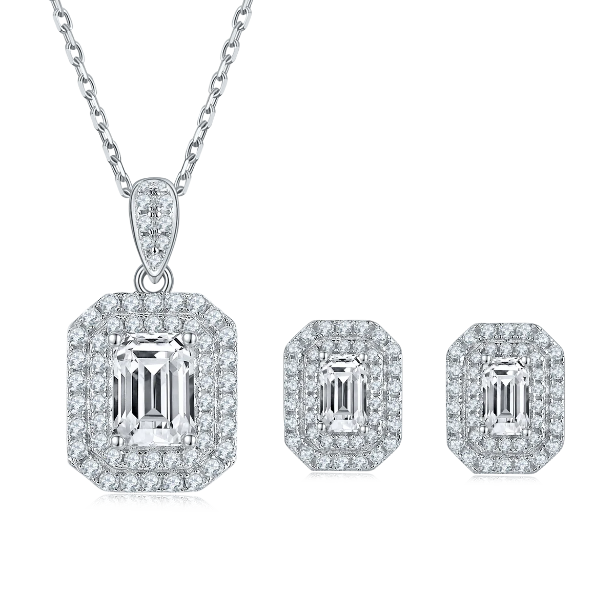 

SGARIT Fine Jewelry Set S925 Silver Moissanite Diamond Pendant Double Halo Emerald Cut VVS1D Color Diamond Pendant and Earrings