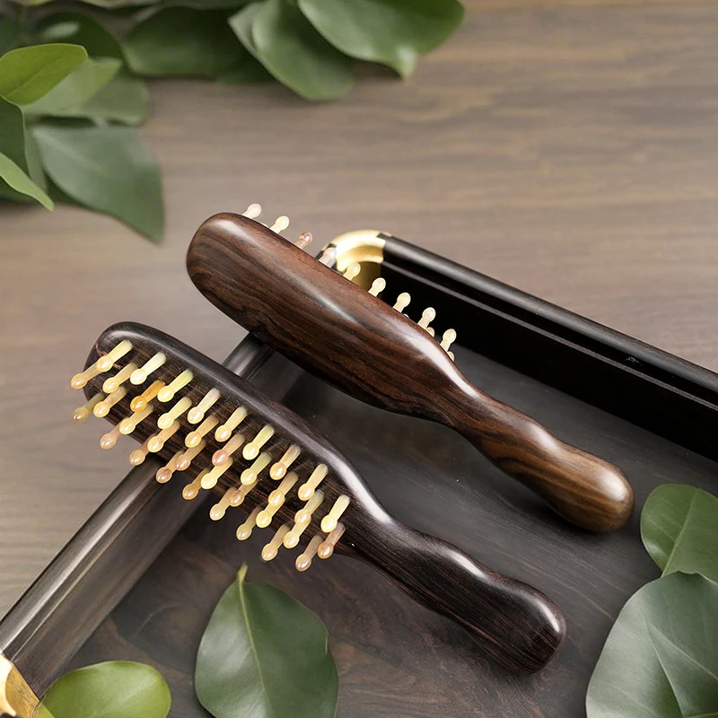 Purple Sandalwood Horn-Handled Long-Handle Comb Massaging And Stimulating Scalp Meridians, Solid Wood, Unpainted, Portable F