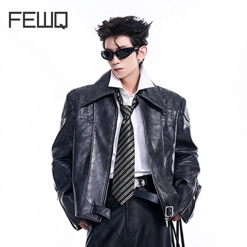 

FEWQ Rivet Splicing Design Short Leather Men's Jacket Autumn Winter Solid Color Darkwear Long Sleeve Male Tops 24E2122