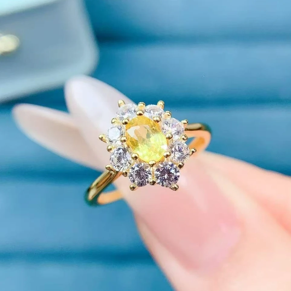 

925 Sterling Silver 4x6mm Natural Yellow Sapphire Ring Certified Fine Jewelry Gold Plated Oval Halo Silver Gemstone Ring