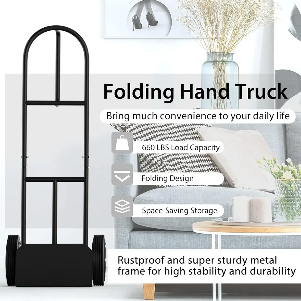 รถเข็นมือแบบ Heavy-Duty รับน้ำหนักได้ 660 ปอนด์ รุ่น Nightcore พร้อมด้ามจับแบบ P พับเก็บได้ ใช้ได้ทั้งในบ้านและคลังสินค้า ล้อสำหรับทุกสภาพพื้นผิว (สีดำ)