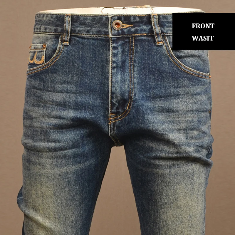 Newly Designer Fashion Men Jeans High Quality Retro Blue Stretch Slim Fit Vintage Jeans Men Embroidery Casual Denim Pants Hombre
