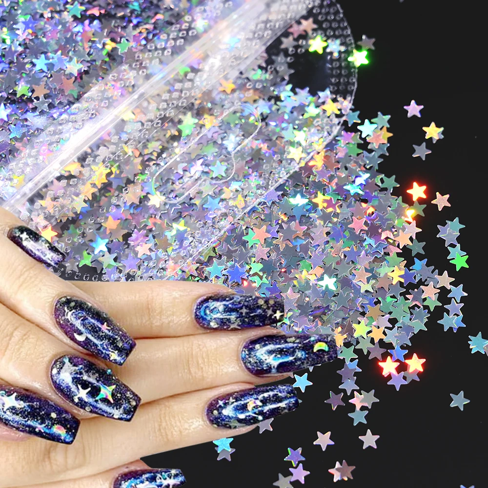 10g Laser Silver Star Nail Glitter Sequins 3D Holographic Stars Butterfly Sparkle Flakes DIY Body Eye Bling Manicure Party Parts