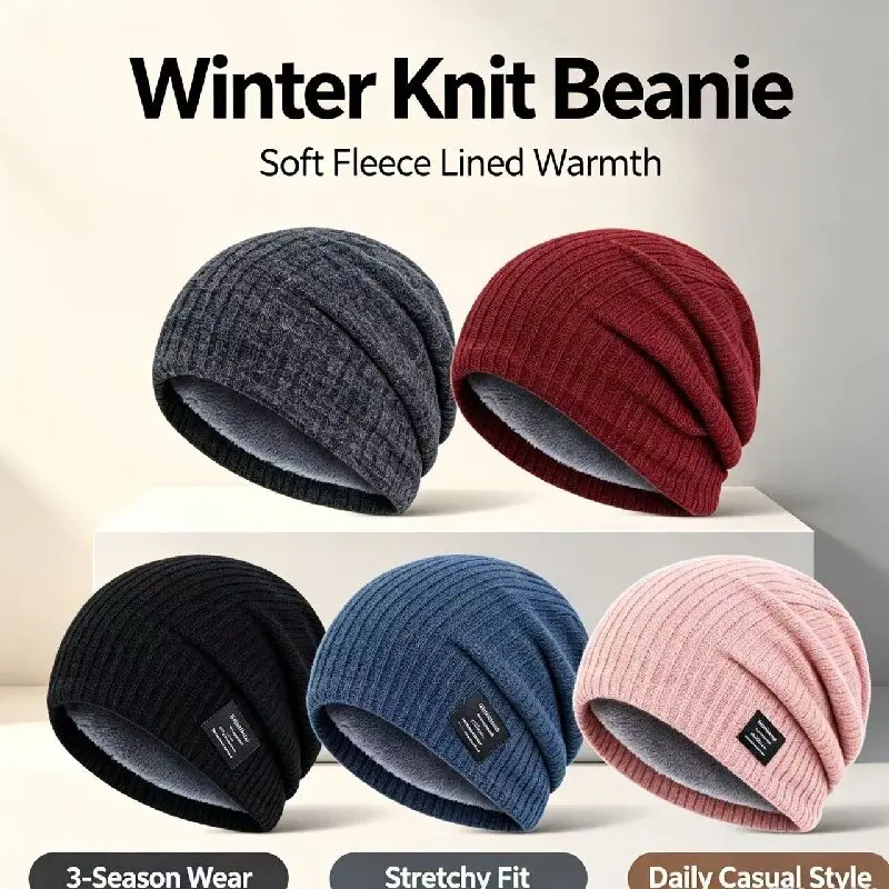 Unisex Fashion Slouchy Winter Hats Plush Fur Lined Beanie Cap Men Women Winter Mixing Color Label Decor Knitted Hats