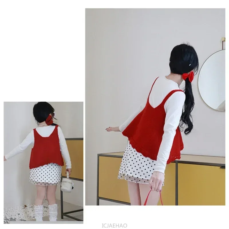2025年 ママと娘 ベビーベスト + 長袖プルオーバー + スカート セットアップ ママと女の子お揃いコーデ キッズスーツ 春
