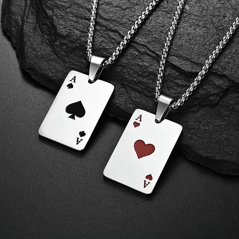 2Piece Set Hip Hop Statement Stainless Steel Poker Card Ace of Spades Necklace For Women Men Pendant Chain Playing Cards Jewelry