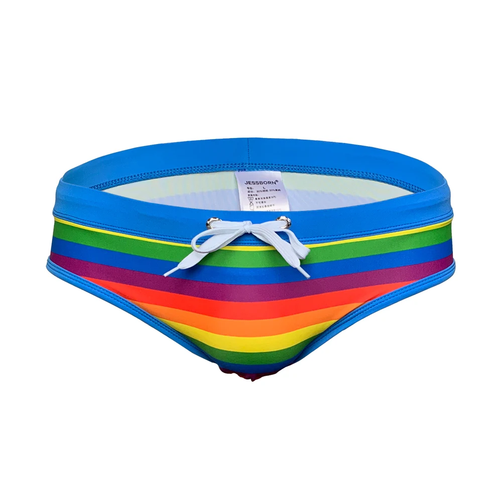 Sexy Low Waist Mens Swimwear Rainbow Striped Swim Briefs Summer Europe America Fashion Nylon Pad Push Up Bikini Bathing Suit