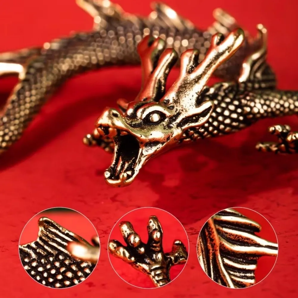 New Retro Brass Zodiac Dragon Small Statue Chinese Mythical Decorations Desktop Ornament Crafts Home Feng Shui Beast Figurines