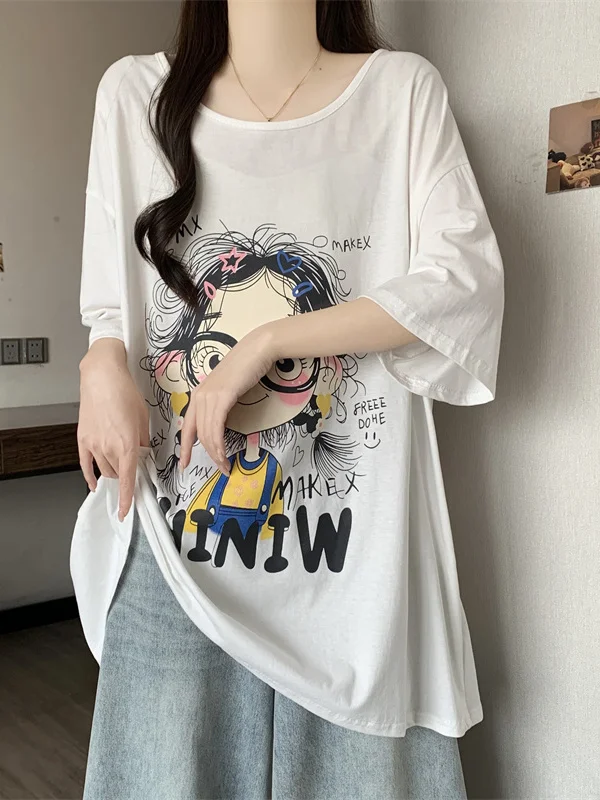 

Casual Loose Women's ort Sve T-irt Lace Ba Cartoon Print Breathable Comfortable Cotton Polyester Blend Summer Top