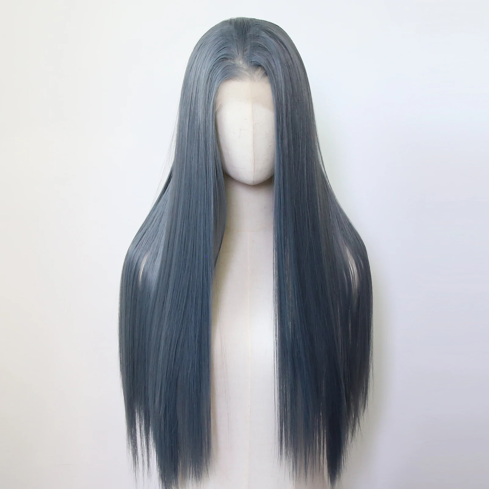 Grayish Blue Wig Synthetic Lace Front Wig Long Straight Dusty Blue Lace Front Synthetic Wig Pre Plucked Natural Hairline