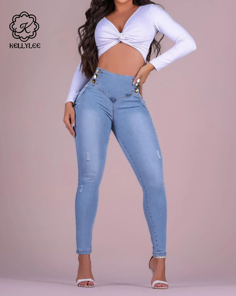 High Waist Double Buttons Tummy Control Stretchy Jeans Make Old Wear Out Fashion Women'S Denim Pants Y2K Streetwear Fall Bottoms