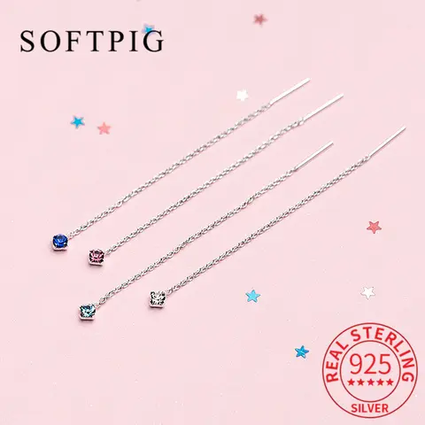 SOFTPIG 여성용 진짜 925 스털링 실버 지르콘 비드 체인 태슬 스터드 귀걸이, 클래식 파인 주얼리, 미니멀리스트 액세서리