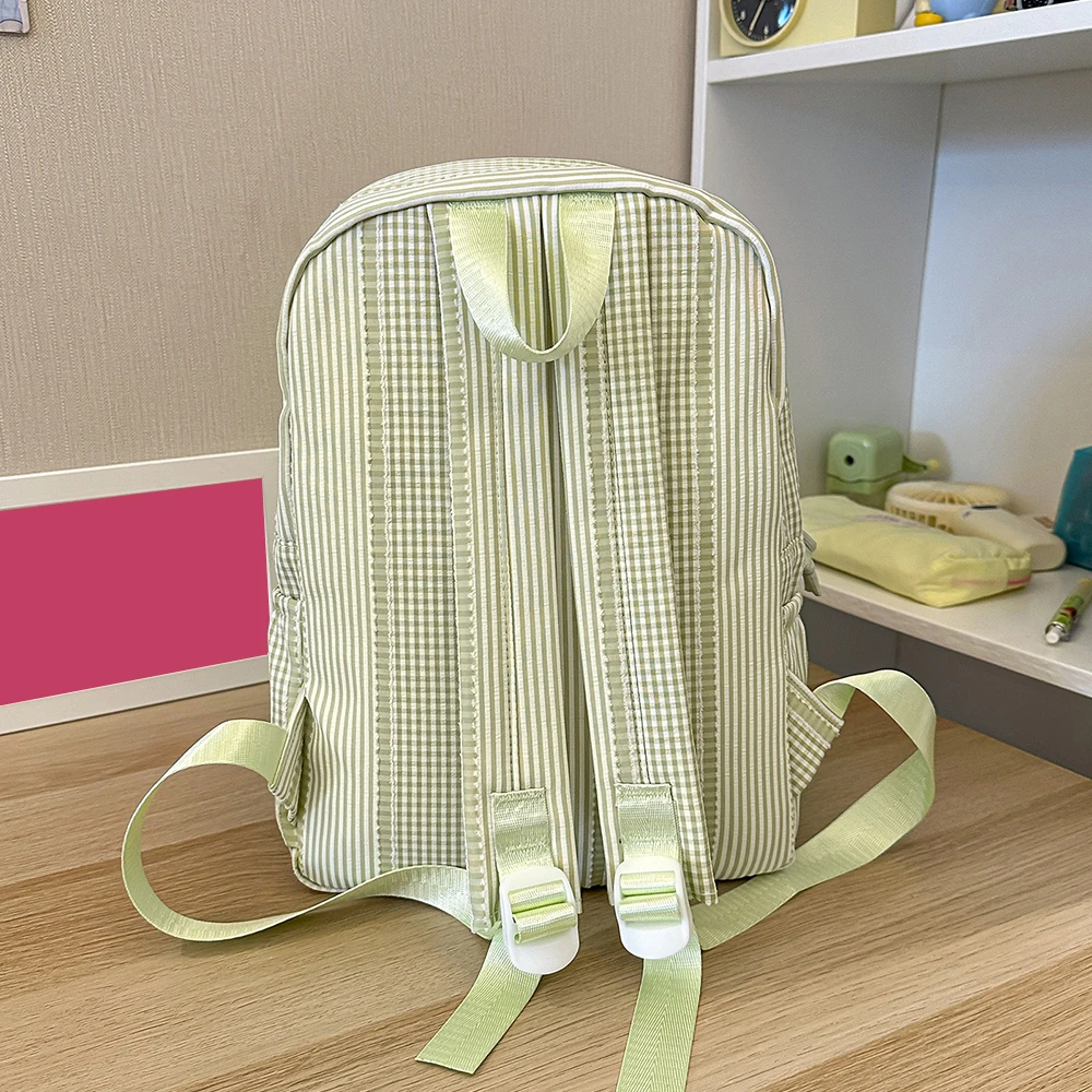 Mixed Stripe Check Backpack, Soft Woven Fabric Daypack, Cute Pastel School Bag for Teen Girls, Campus & Daily Casual Wear