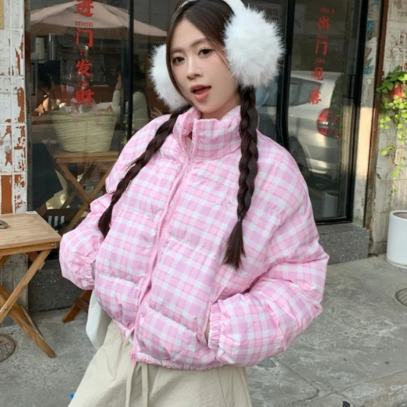 Coreano na moda doce bonito rosa xadrez casaco de inverno feminino algodão quente engrossar jaqueta curta harajuku streetwear gola alta outerwear