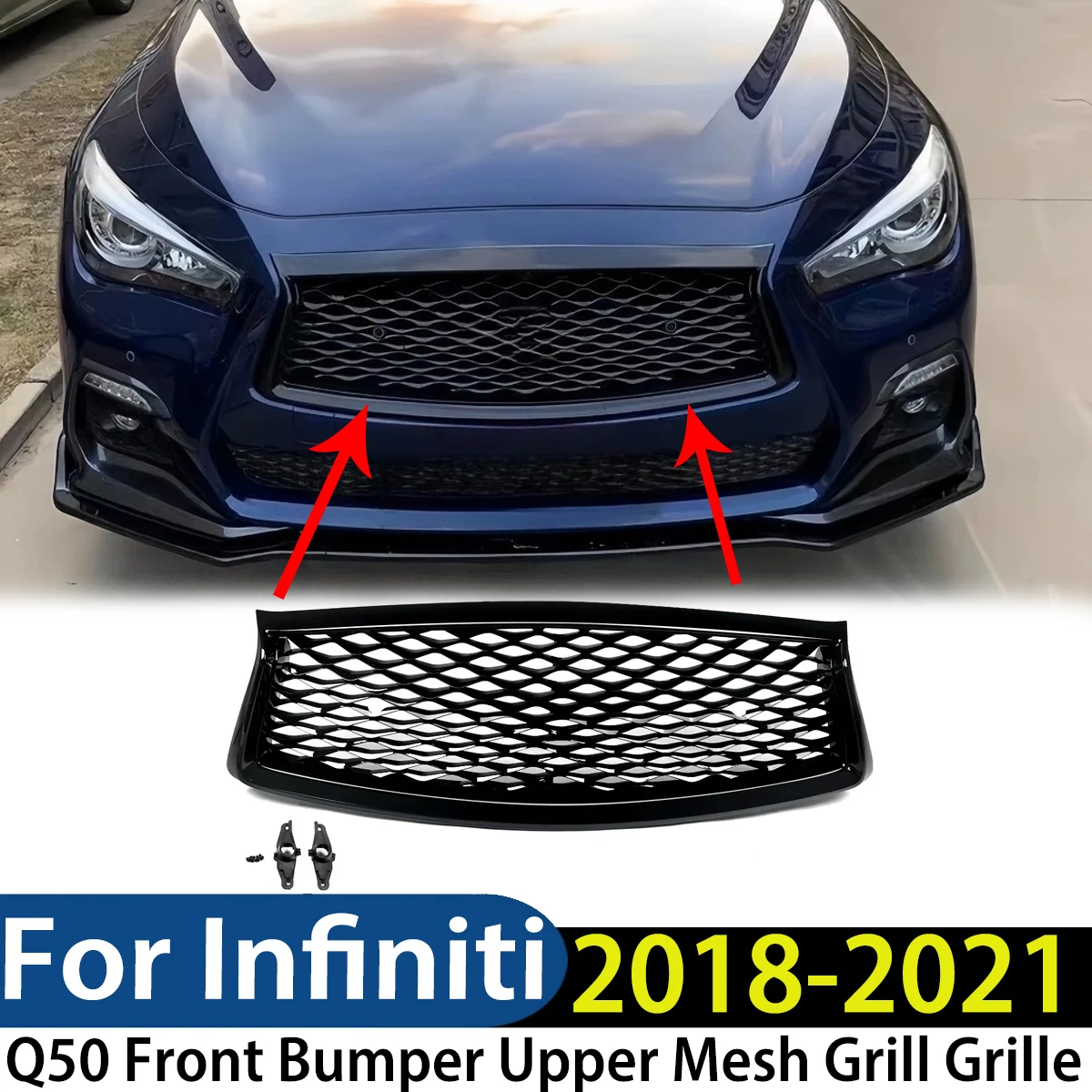 

For Infiniti Q50 2018-2021 JDM Car Front Bumper Upper Mesh Grill Grille Cover Trim Replacement Body Kit Modification Exterior