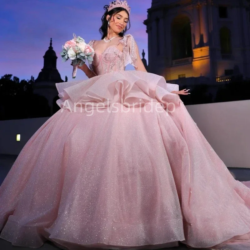 

Angelsbridep Vestidos De Fiesta Pink Quinceanera Dresses Tiered Glitter Tulle Ball Gown Sweet 16 Girls Brithday Party Dress