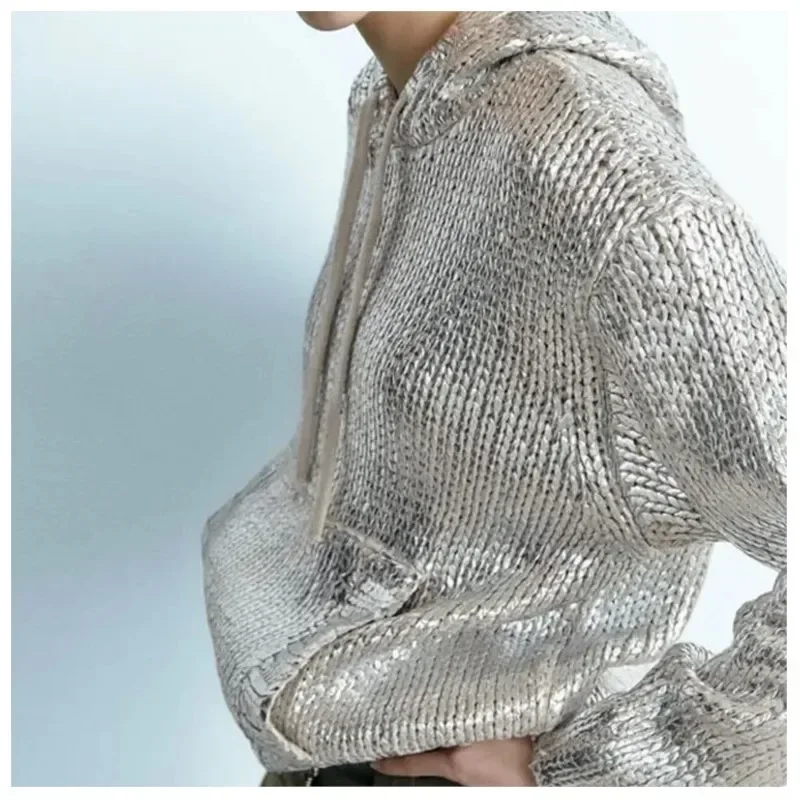 2025 Spring Women's Sweater Pullover New Fashion Silver Loose Hoodie Long Sleeve Knitted Pullover Women's Clothing