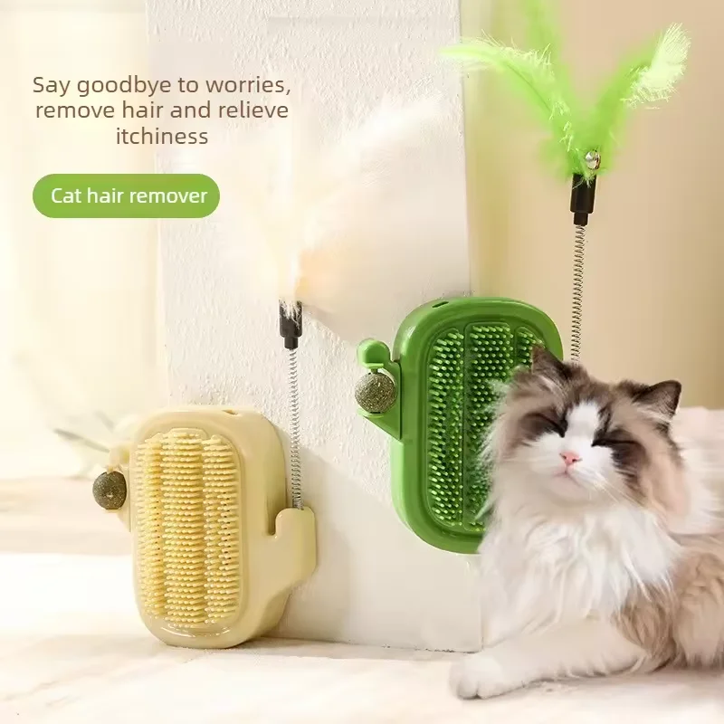 Brosse murale auto-nettoyante pour chat avec plume et boule de catnip rotative pour chatons d'intérieur, soulage les démangeaisons cutanées et favorise la laine à égayer.