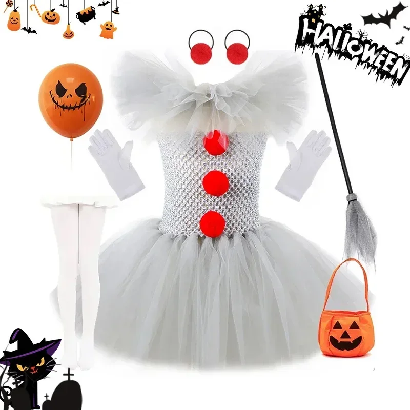 Kinder Mädchen Klassisches Clown-Kostüm Weißes Tüll-Tutu-Kleid mit Roten Pompons für Karneval Themenparty – Detail 6