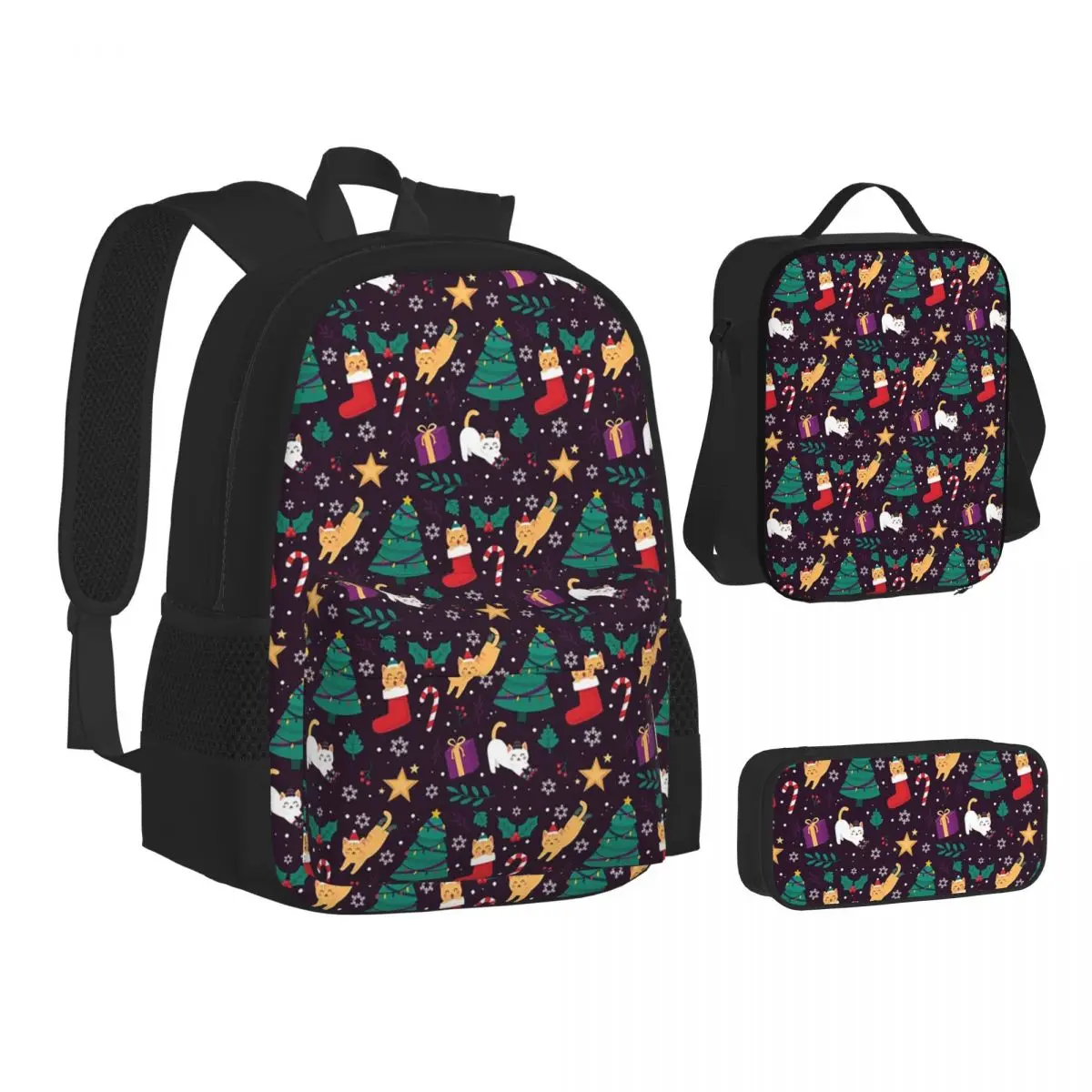 

Cute Cats ChristmasTree Pattern Backpacks BoysGirls Bookbag Students School Bags Kids Rucksack Lunch Bag Pen Bag Three-Piece Set