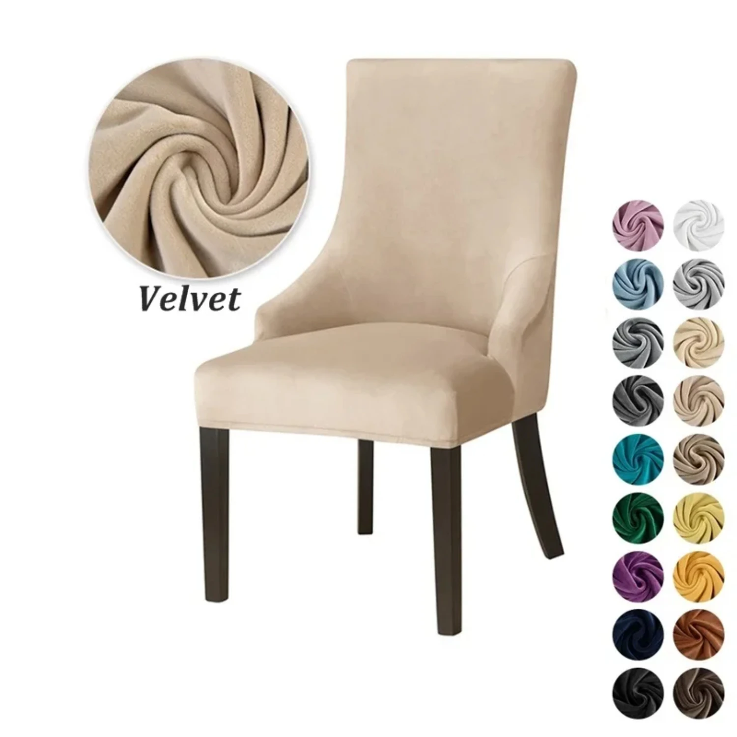 Decorate your high back sloping armchairs with this luxurious solid color washable velvet dining chair cover. The elastic wingba