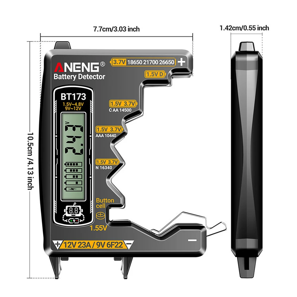 BT173 Battery Tester Battery Capacity Checker Battery Voltage Meter Suitable for AA/AAA/C/D/9V Batteries 18650/21700 and Similar