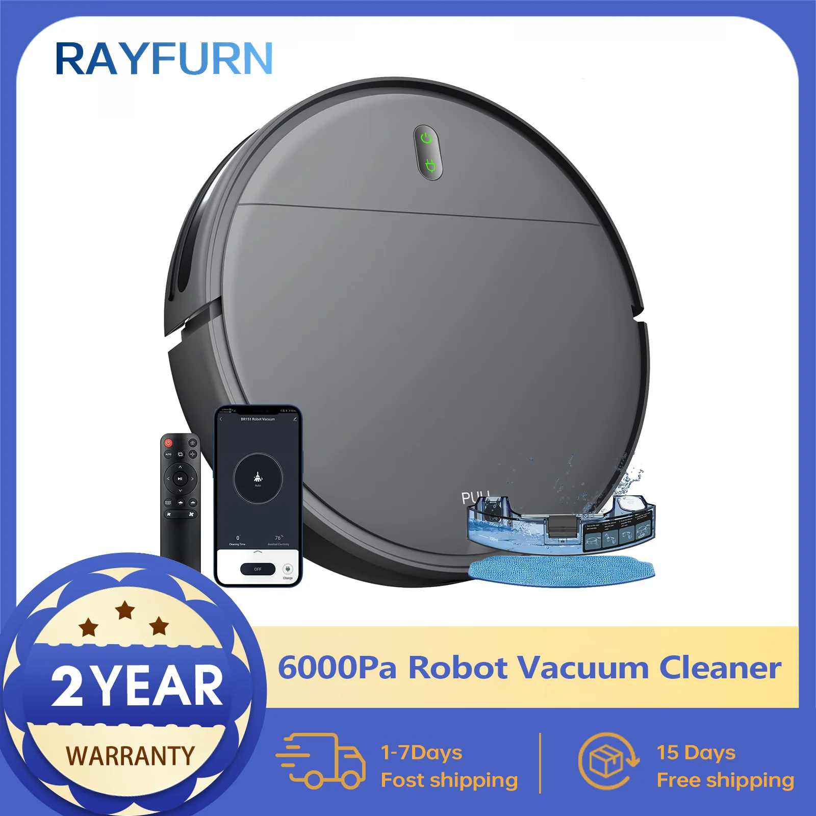 RAYFURN BR151 6000Pa Strong Suction Robot Vacuum Cleaner with Wifi, APP Remote, Voice Control for Home Floor Cleaning Pet Hair