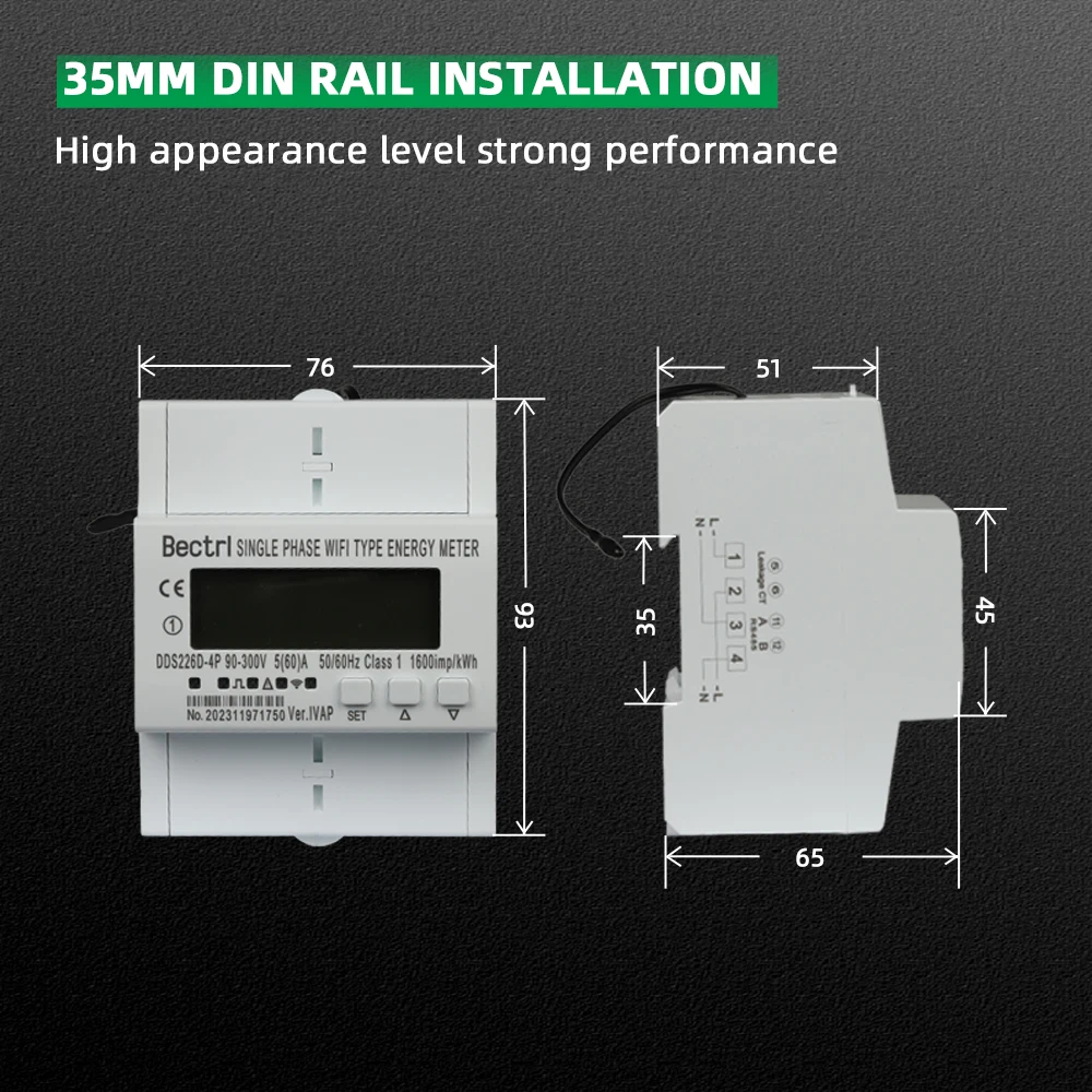 60A 90-300V TUYA Single Phase WIFI Smart Energy Meter Monitoring Circuit breaker Timer with voltage current protection RS485