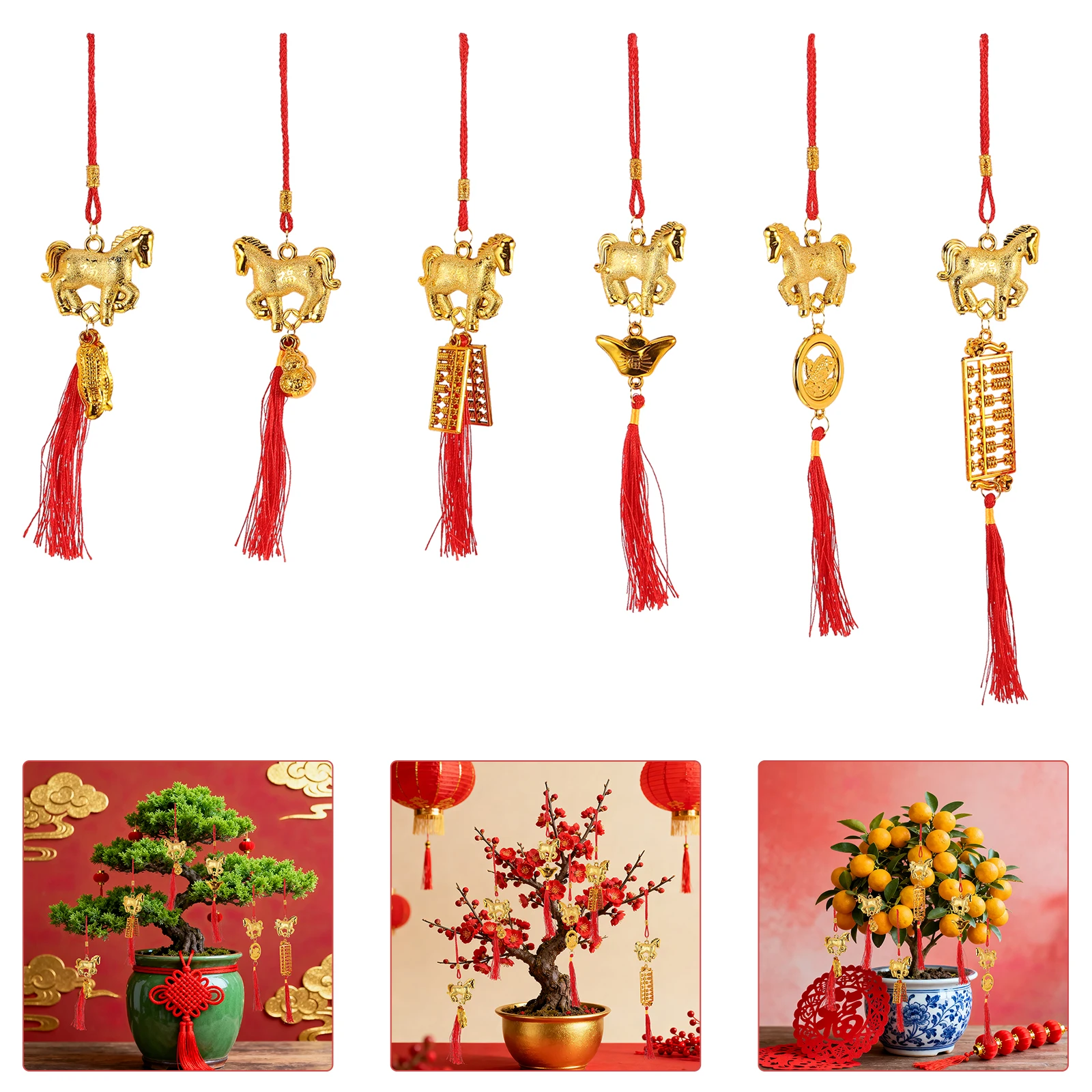 

6Pcs Horse Year Statue Decor Chinese New Year Hanging Pendant Set for Indoor Plants Festive Party Decoration Craft