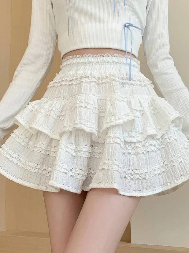 

Популярная корейская юбка 2024, летняя милая балетная юбка, мягкая кружевная юбка с тортом для девочек, дизайнерская ниша, французская пышная короткая юбка