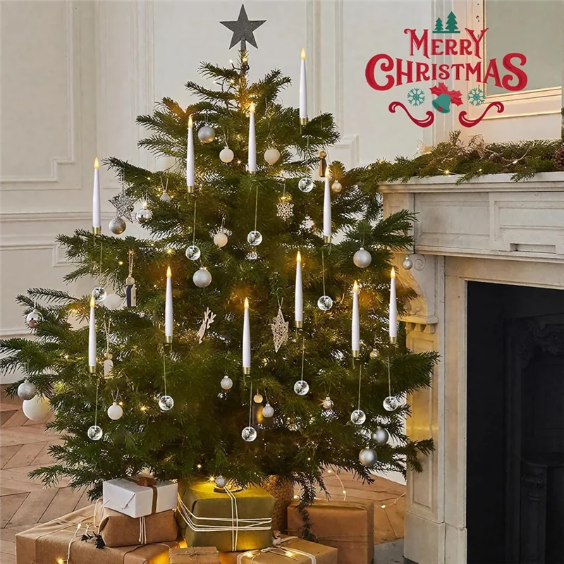 ABMS-Lilin Pendek Meruncing 12 Buah LED Berkedip dengan Remote 0.5" X 6" Lilin Tanpa Api Cahaya Hangat dengan 12 Pengait Bola Kristal