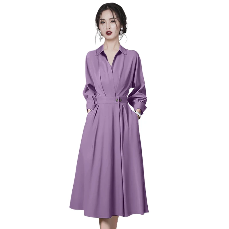 Purple Turn down Collar Shirt Dress 2023 Autumn New French Gentle Temperament Waist Slim Mid Length Long Dresses Female