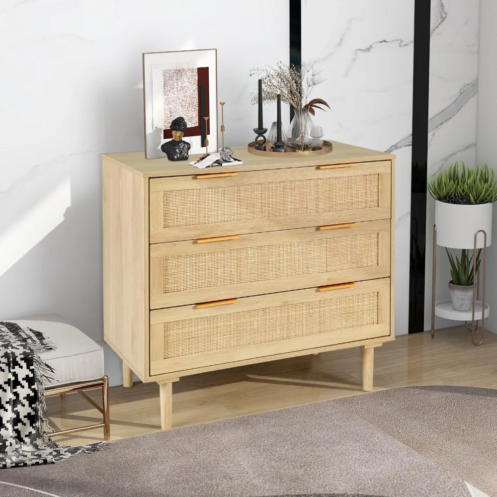 

3 Drawer Dresser with 2 Nightstand for Bedroom, Oak Rattan Dresser Closet Dressers Chest of Drawers, Light Wood 3 Drawer Storag