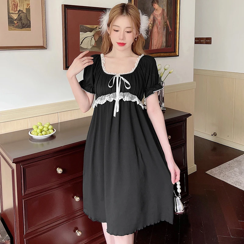 Women's Sleep & Lounge New Women Sleep Skirt Cotton Short Sleeves Nightdress Black with Chest Pad Ladies Shirt Casual Home Dress