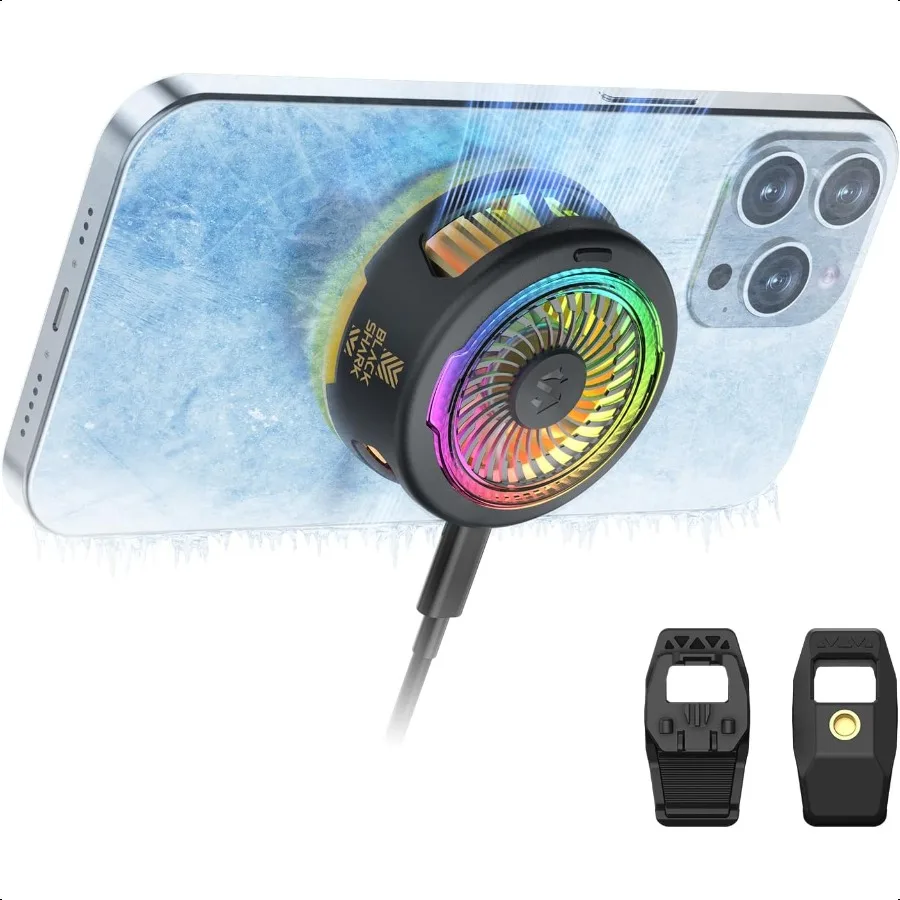

Black FunCooler 5 Magnetic Cell Phone Cooler for Gaming Portable Mobile Phone Cooling Fan with RGB Light Cellphone Radiator fo