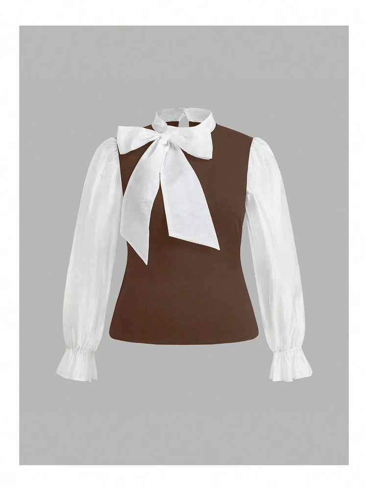 Plus Size Women\'s Elegant Contrast Bow Tie Long Sleeve A-Line Office Work Shirt Business Pink Black Brown Best for Spring