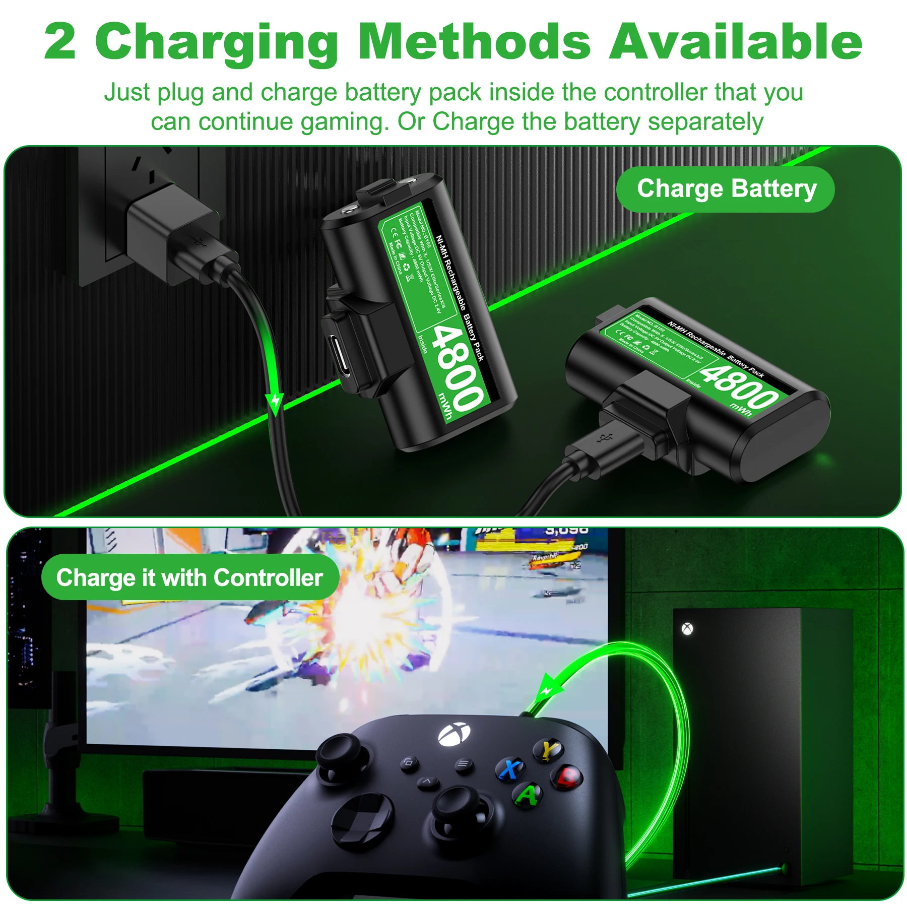 BEBONCOOL B100 2 x 4800 МВтч аккумуляторная батарея для контроллера Xbox Series X/S/Xbox One S/X с зарядным кабелем