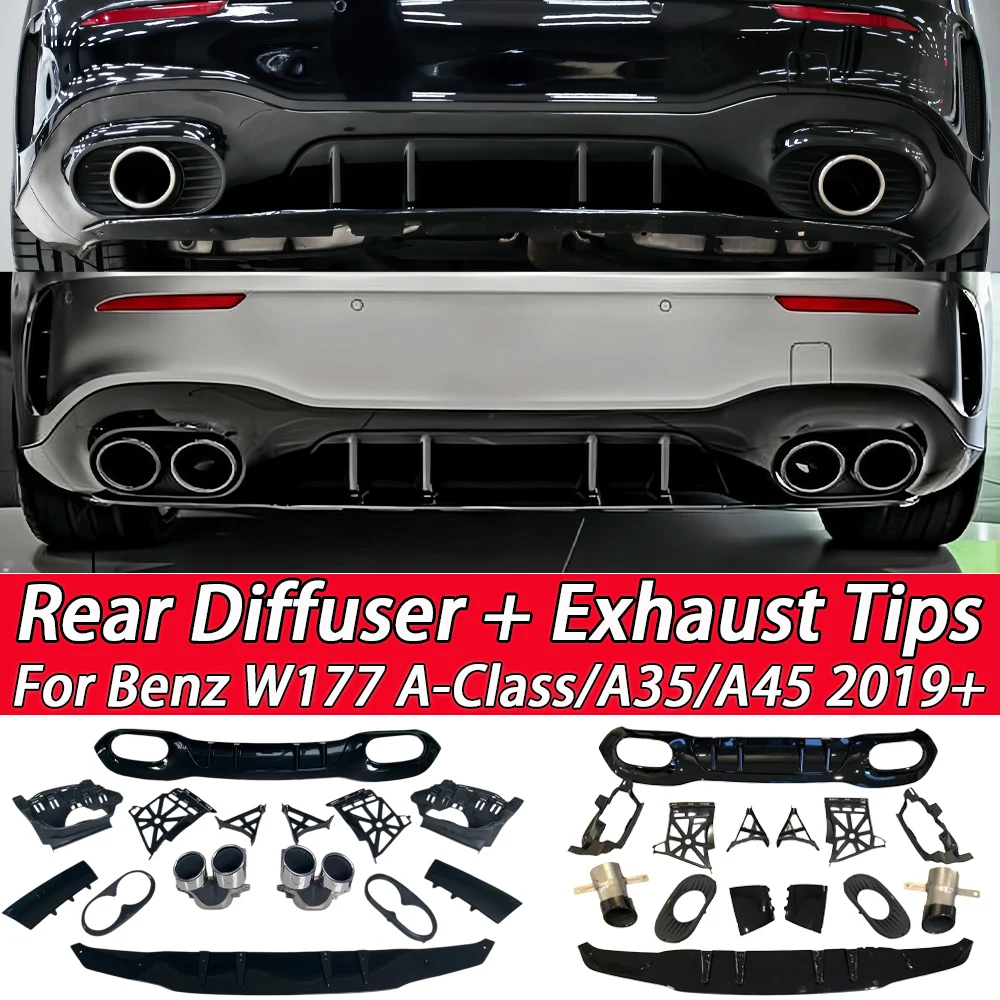 For Mercedes Benz W177 A180 A200 A220 A250 A35 A45 AMG 2019-2026 Rear Bumper Lip Diffuser Splitter With Muffler Exhaust Tip