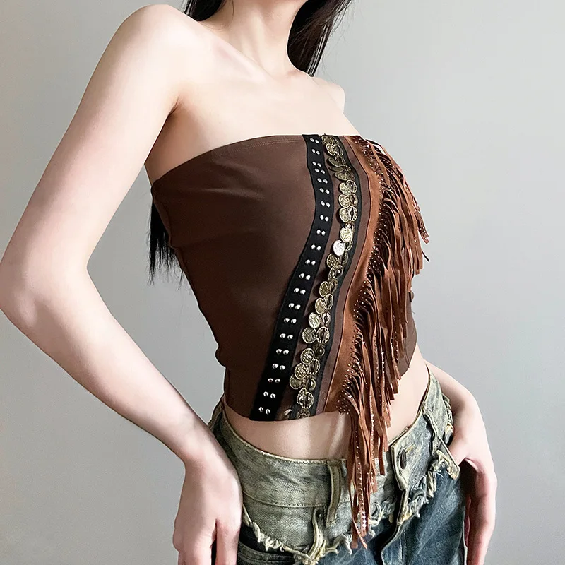 

Abandoned Soil Style Ethnic Strapless Top 2023 Summer Sexy Spicy Girl Slim Fit Irregular Tassel Short Vest For Women