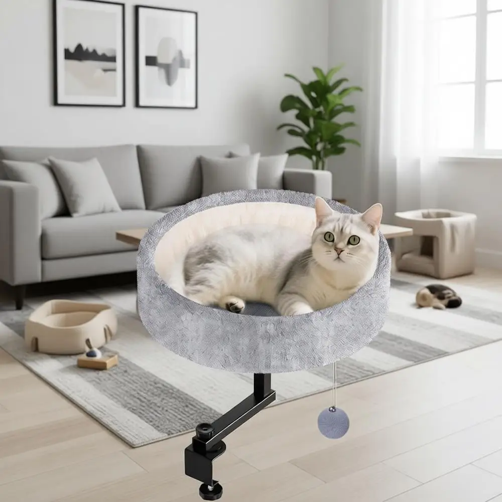 

360° Rotating & Adjustable Cat Desk Bed, Supports 44 lbs, Soft Faux Fur, Reversible Mat, Modern Indoor Furniture for Desks and T