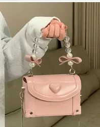 JIAERDI Sweet Pink Messenger Bag Women Fairycore Aesthetic Handle Pearl Chain Crossbody Bags Ladies Harajuku Heart Y2k Hand Bag